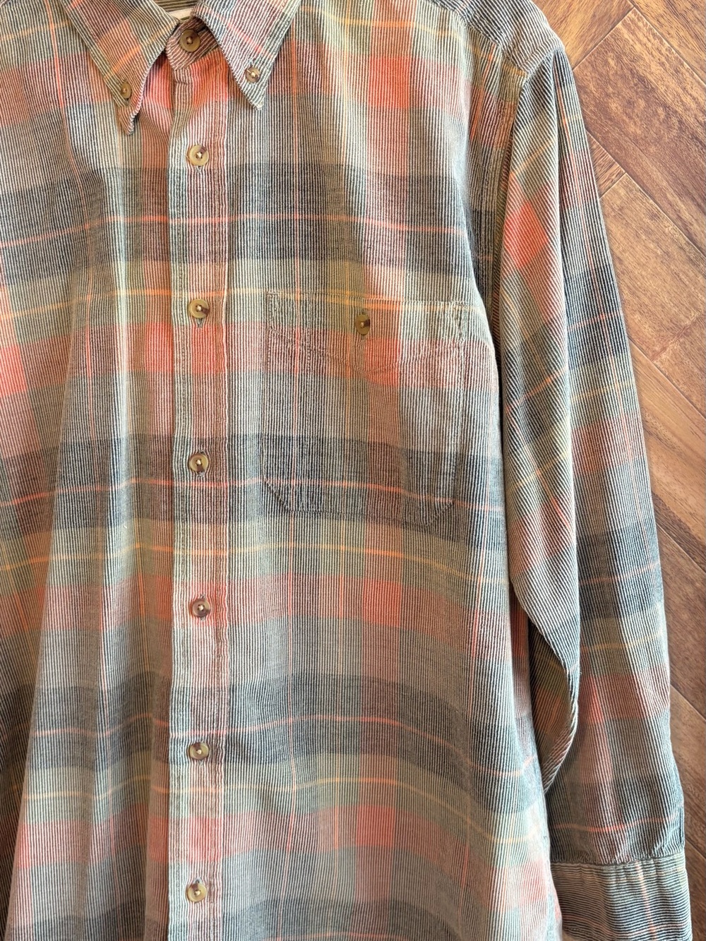ORVIS Corduroy Button-Down Plaid Shirt in Orange Grey Green Men’s Medium - Picture 10 of 14
